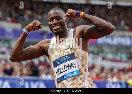 Grant HOLLOWAY des États-Unis célèbre après avoir remporté le 110m haies masculin lors du London Athletics Meet, Wanda Diamond League meeting le 23 juillet 2023 au London Stadium à Londres, en Angleterre Banque D'Images