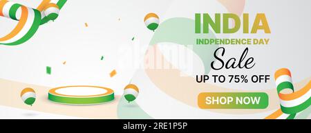 design de bannière de vente de jour d'indépendance de l'inde avec podium, ballons et confettis Illustration de Vecteur
