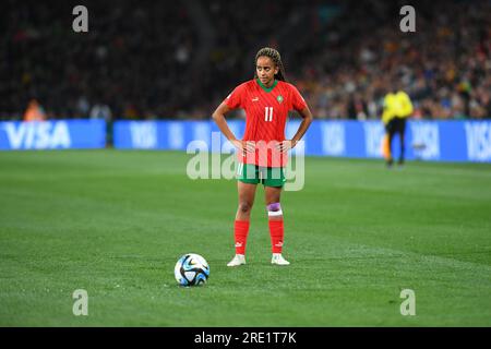 Melbourne, Australie. 24 juillet 2023. La marocaine Fatima Tagnaout se prépare à un coup franc lors du match de la coupe du monde féminine de la FIFA 2023 entre l'Allemagne et le Maroc au stade rectangulaire de Melbourne. Score final Allemagne 6:0 Maroc crédit : SOPA Images Limited/Alamy Live News Banque D'Images