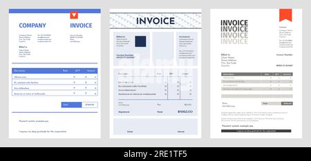 Facture professionnelle. Facture comptable vierge avec prix total, mode de paiement et date. Modèle de facture vectorielle. Document avec calcul des dépenses pour le client, la tenue de livres ou le concept de paperasse Illustration de Vecteur