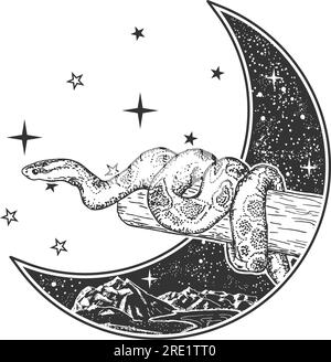 Lune de croissant et serpent enroulé autour de l'illustration vectorielle de branche Illustration de Vecteur