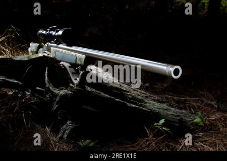 Fusil muzzeloading en ligne qui est de calibre .50 avec riflescope dans une forêt sombre Banque D'Images