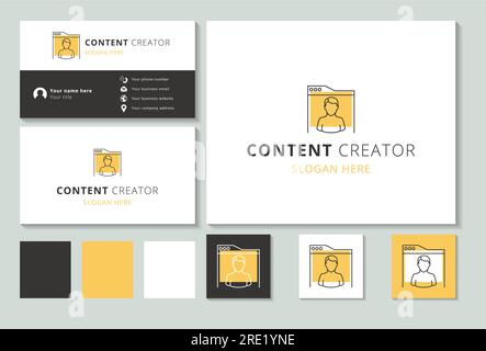 Création de logo de créateur de contenu avec slogan modifiable. Livre de marque et modèle de carte de visite. Illustration de Vecteur