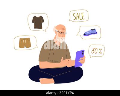 Homme âgé retraité magasinant en ligne avec téléphone portable, acheter des vêtements sur sale.Senior client acheteur utilisant smartphone, faire des achats sur Internet à la maison. Banque D'Images