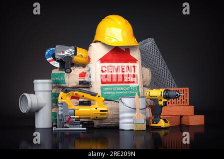 Matériaux de construction et outils sur fond noir. illustration 3d. Banque D'Images