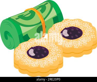 Vecteur isométrique d'icône de cookie de confiture. Biscuit frais avec confiture et billet d'un dollar roulé. Dessert, nourriture sucrée Illustration de Vecteur