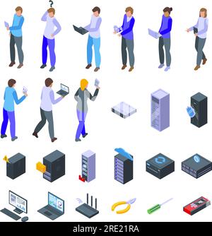 Les icônes de l'administrateur réseau définissent le vecteur isométrique. Données de travail. Zone de sécurité Illustration de Vecteur