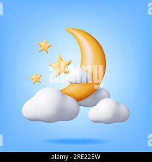 Lune en croissant d'or 3D avec des étoiles dans les nuages Illustration de Vecteur