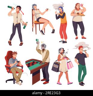 Hommes et femmes dépendants. Bande dessinée personnes malheureuses avec différentes mauvaises habitudes, alcoolisme, toxicomanie et dépendance au jeu, boulimie et smocks, shopaholisme Illustration de Vecteur