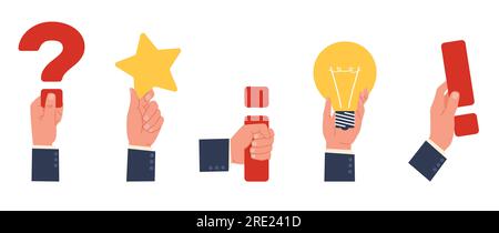 Les mains des gens d'affaires tiennent des symboles de question, étoile, ampoule, point d'exclamation. Bras humains avec divers objets. FAQ et signe d'idée, marque d'attention Illustration de Vecteur