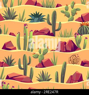 Motif sans couture de cactus du désert. Plantes et rochers de dessins animés avec paysage sablonneux, succulentes et tumbleweed, nature aride. Textile de décoration, papier d'emballage Illustration de Vecteur