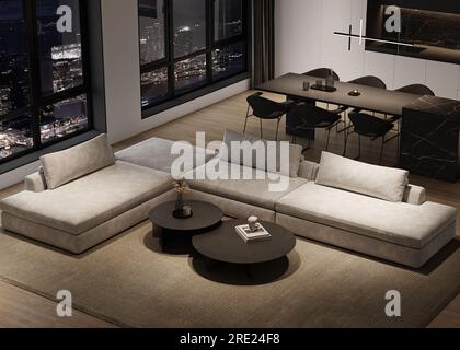 Salon intérieur minimaliste gris moderne avec grand canapé modulaire gris, fenêtres panoramiques vue nocturne sur la ville et îlot de cuisine en marbre. rendu 3d. Banque D'Images