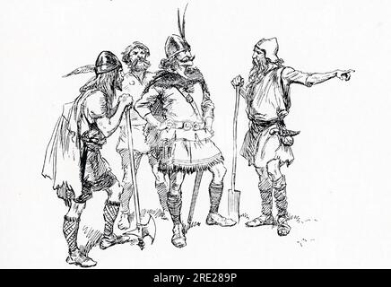 La légende du début des années 1900 se lit comme suit : « les messagers de Gunnhild sont venus à Thorstein ». Gunnhild était l'épouse d'Eric Bloodaxe, roi de Norvège de 930 à 934. Elle apparaît dans les sagas islandaises. Elle a vécu à une époque de grands changements et bouleversements en Norvège. Son beau-père était Harald Fairhair. Thorstein le Rouge ou Thorstein Olafsson était un chef viking qui a prospéré à la fin du IXe siècle en Écosse. Cette illustration de Gordon Browne date de 1913. Banque D'Images