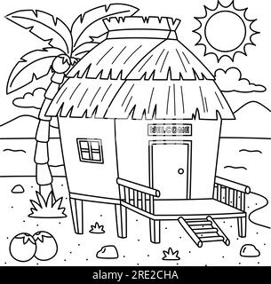 Page de coloriage d'été Nipa Hut pour les enfants Illustration de Vecteur