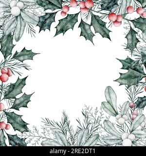 Cadre carré de Noël de branches d'ilex avec baies rouges, branche de myrtille et d'épinette, sapin, cèdre. Bannière botanique Winterberry. Peint à la main Banque D'Images