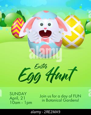 Lettrage de chasse aux œufs avec lapin à l'intérieur de la coquille d'œuf craquelée Illustration de Vecteur