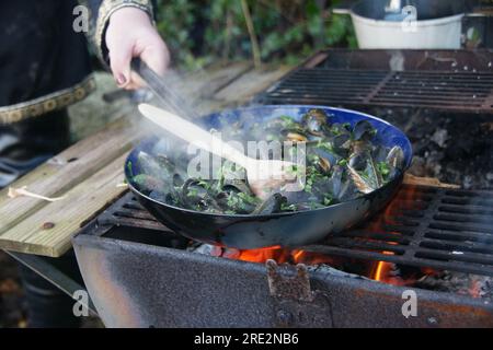 Friture des fruits de mer et des herbes sur un barbecue. Banque D'Images