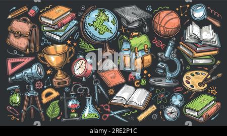 Concept d'éducation. Ensemble d'articles scolaires dans le style drôle de bande dessinée. Illustration vectorielle Illustration de Vecteur