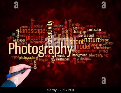 Concept Word Cloud avec PHOTOGRAPHIE création avec texte uniquement. Banque D'Images