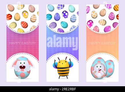 Joyeuses lettres de Pâques ensemble avec des lapins à l'intérieur des œufs et des abeilles Illustration de Vecteur