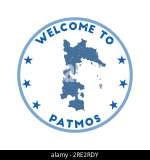 Bienvenue à Patmos Stamp. Timbre rond d'île grunge avec texture dans le thème de couleur Wing commander. Joint Patmos géométrique de style vintage. Illustration de Vecteur