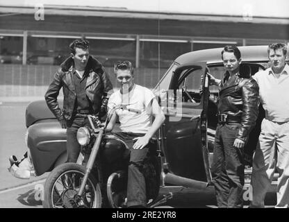 San Francisco, Californie vers 1954 quatre adolescents à l'air dur avec des coupes de cheveux en queue de canard, des vestes en cuir, et une moto traînant dans un parking. Banque D'Images