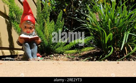 Un gnome de jardin lisant un livre à l'extérieur au soleil entouré de plantes et de verdure ; livre ouvert sur une journée ensoleillée ; espace de copie. Banque D'Images