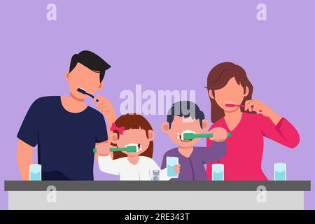 Dessin graphique plat de famille heureuse se brossant les dents ensemble avant le coucher. Habitudes de routine pour la propreté et la santé de la bouche et des dents Banque D'Images