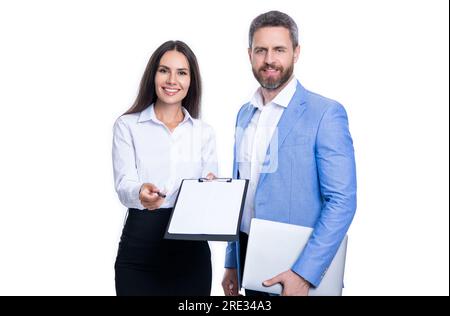 signature des hommes d'affaires isolée sur blanc, mise au point sélective. Banque D'Images