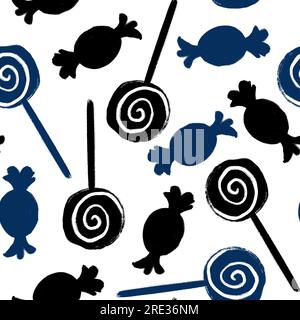 Motif sans couture dessiné à la main avec des bonbons de friandises de trick ou de Treat pour Halloween en bleu noir sur fond blanc. Dessert effrayant d'horreur effrayante pour la conception de pépinière d'enfants enfants Banque D'Images