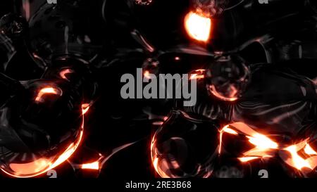 Bulles de film transparent brillant orange sur fond noir - illustration 3D abstraite Banque D'Images