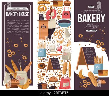 Pâtisserie et confiserie dans la maison de boulangerie, homme debout au comptoir vendant baguette, pain et biscuits. Aliments et ingrédients de qualité supérieure. Café ou r Illustration de Vecteur
