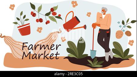 Vendre des ingrédients biologiques et naturels cultivés à la ferme, des légumes et des fruits du marché fermier à vendre. Cerises et pommes de terre, homme avec pelle et eau Illustration de Vecteur