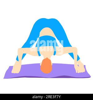 Entraînement en yoga pose de cheveux rad fille européenne en bleu tracksuit sur un tapis violet. Pilates, sport, santé. Femme, femme, femme. Illustration vectorielle dans Illustration de Vecteur