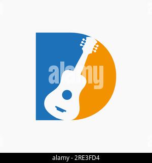 Logo guitare lettre D. Concept de logo de guitariste avec icône de guitare. Festival et symbole musical Illustration de Vecteur