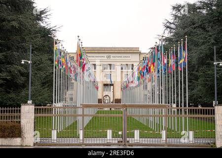 Genève, Suisse - 13 janvier 2023 : bâtiment des Nations Unies à Genève. Il s ' agit de l ' un des quatre principaux bureaux des Nations Unies. Banque D'Images