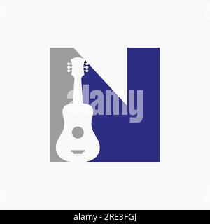 Lettre N logo Guitar. Concept de logo de guitariste avec icône de guitare. Festival et symbole musical Illustration de Vecteur
