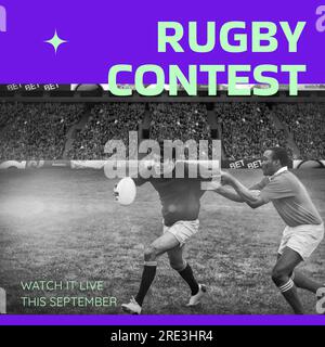 Texte du concours de rugby en vert sur violet avec divers joueurs de rugby masculins qui courent sur le terrain avec ballon Banque D'Images