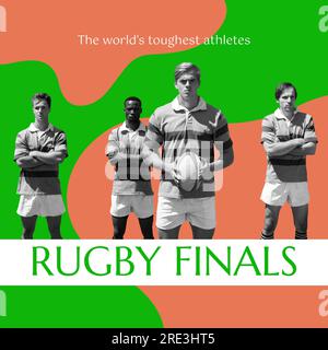 Texte des finales de rugby en vert avec diverses équipes masculines de rugby sur orange et vert Banque D'Images