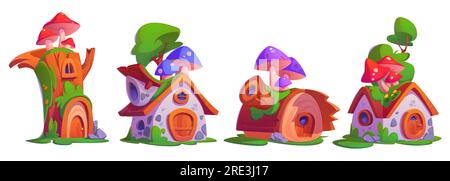 Ensemble de dessins animés de maisons de gnome de conte de fées isolé sur fond blanc. Illustration vectorielle de souche d'arbre fantastique et de cabanes en pierre avec porte en bois, porche et fenêtre, champignons, mousse sur le toit. Maison naine Illustration de Vecteur