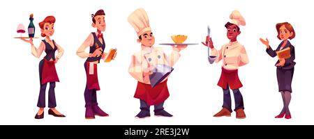 Chef de restaurant, cuisinier et serveur. Personnages d'ouvriers de cuisine en tablier et chapeau de chef, personnel de café professionnel, serveuse et gestionnaire avec menu, illustration de dessin animé vectoriel Illustration de Vecteur