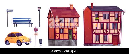 Ensemble de dessins animés d'anciens éléments de conception de rue de ville allemande. Illustration vectorielle de maisons à colombages traditionnelles, voiture rétro jaune, lanterne, banc, poubelle, panneau routier isolé sur fond blanc Illustration de Vecteur