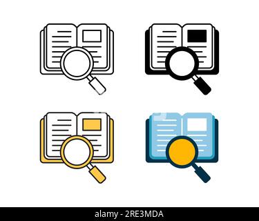 conception de vecteur d'icône de livre et de loupe en ligne de style 4, glyphe, bicolore et plat Illustration de Vecteur