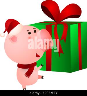 Cochon heureux dans le chapeau de Père Noël portant illustration vectorielle de boîte-cadeau Illustration de Vecteur