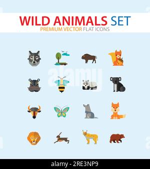 Jeu d'icônes animaux sauvages Illustration de Vecteur