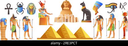 Mythologie et monuments de l'Egypte ancienne, divinités et symboles de l'empire égyptien. Pyramides et sphinx, Ra et ankh, Horus et scarabée, Godde chat Illustration de Vecteur