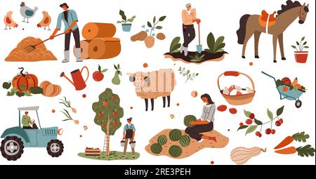 Travailler sur le terrain, l'agriculture et l'agriculture, en utilisant des machines et des équipements pour la récolte. Cueillette des pommes, alimentation des animaux et entretien des cultures, vegetabl Illustration de Vecteur