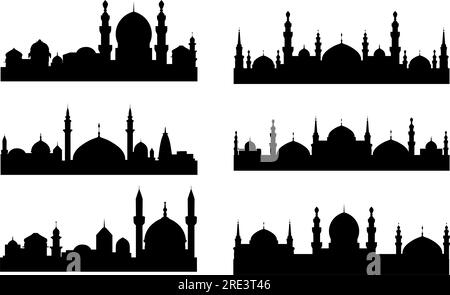 Six silhouettes noires de paysages urbains arabes avec tours et mosquées islamiques, isolées sur blanc Illustration de Vecteur