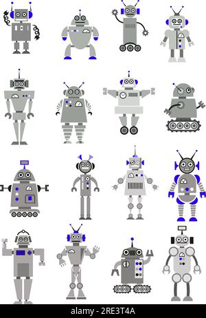 Grand ensemble vectoriel noir , gris et blanc de robots jouets ou d'extraterrestres debout face au spectateur avec seize conceptions différentes Illustration de Vecteur