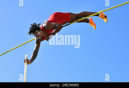 Les finales, Championnat d'Allemagne, saut à la perche masculin sur la Promenade Rhein Shore Düsseldorf ; Champion d'Allemagne 2023, Bo Kanda Lita Baehre (TSV Bayer 04 Leverkusen) Banque D'Images